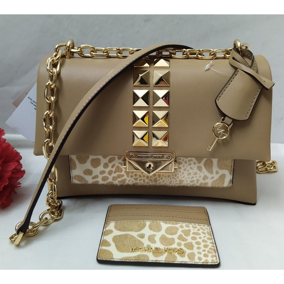 Michael Kors CeCe Tan Leather Hair Calf Chain Strap Shoulder Bag W/ Wallet -NWT - Picture 1 of 16